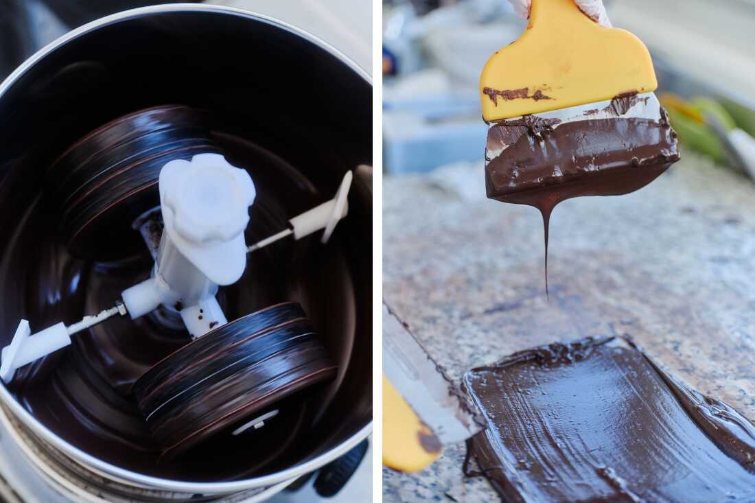 The photo on the left shows a metal tub containing ChoViva's brown liquid. Inside the tub are stirrers that stir the ChoViva. The photo on the right shows a close-up of liquid ChoViva spread over a stone surface. A gloved hand holds a scraper with a ChoViva envelope above the surface, and a little ChoViva drips down the lip.